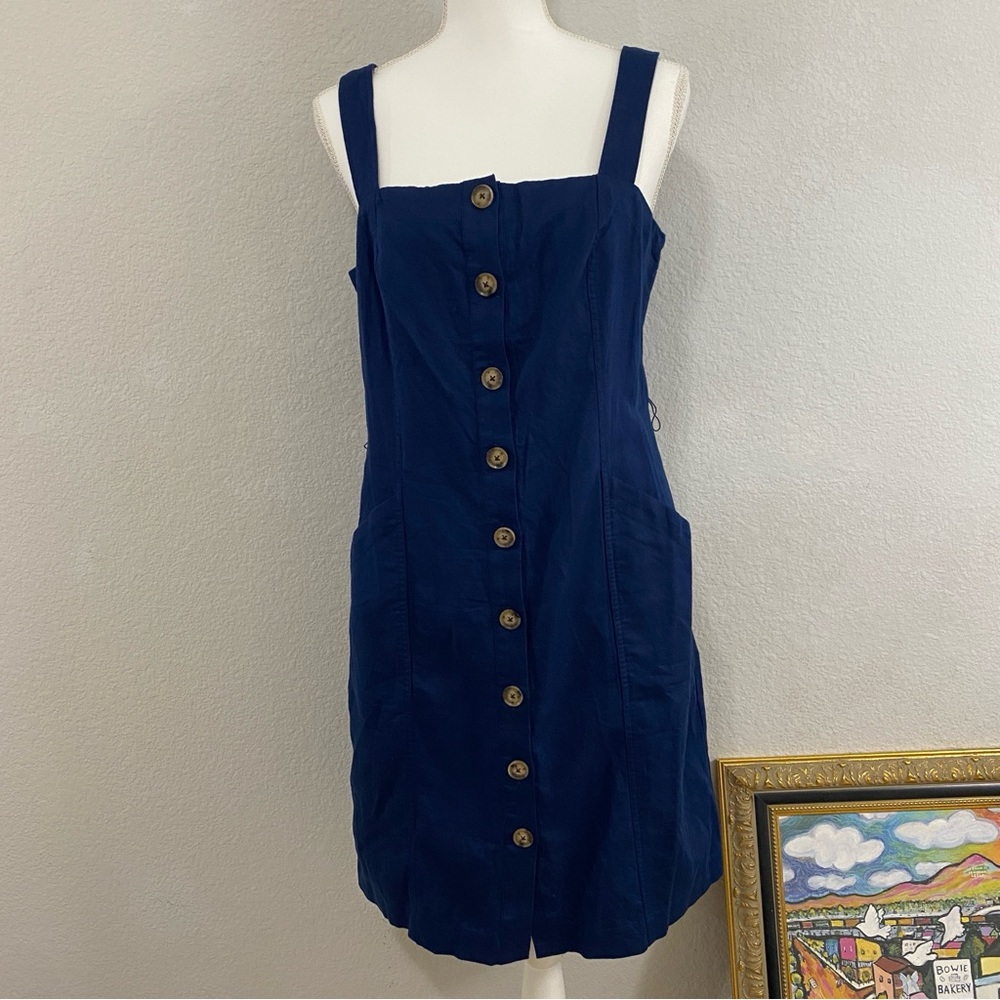LOFT Navy Button-Front Mini Dress, Linen Blend, Size 6, Missing Belt, NWT